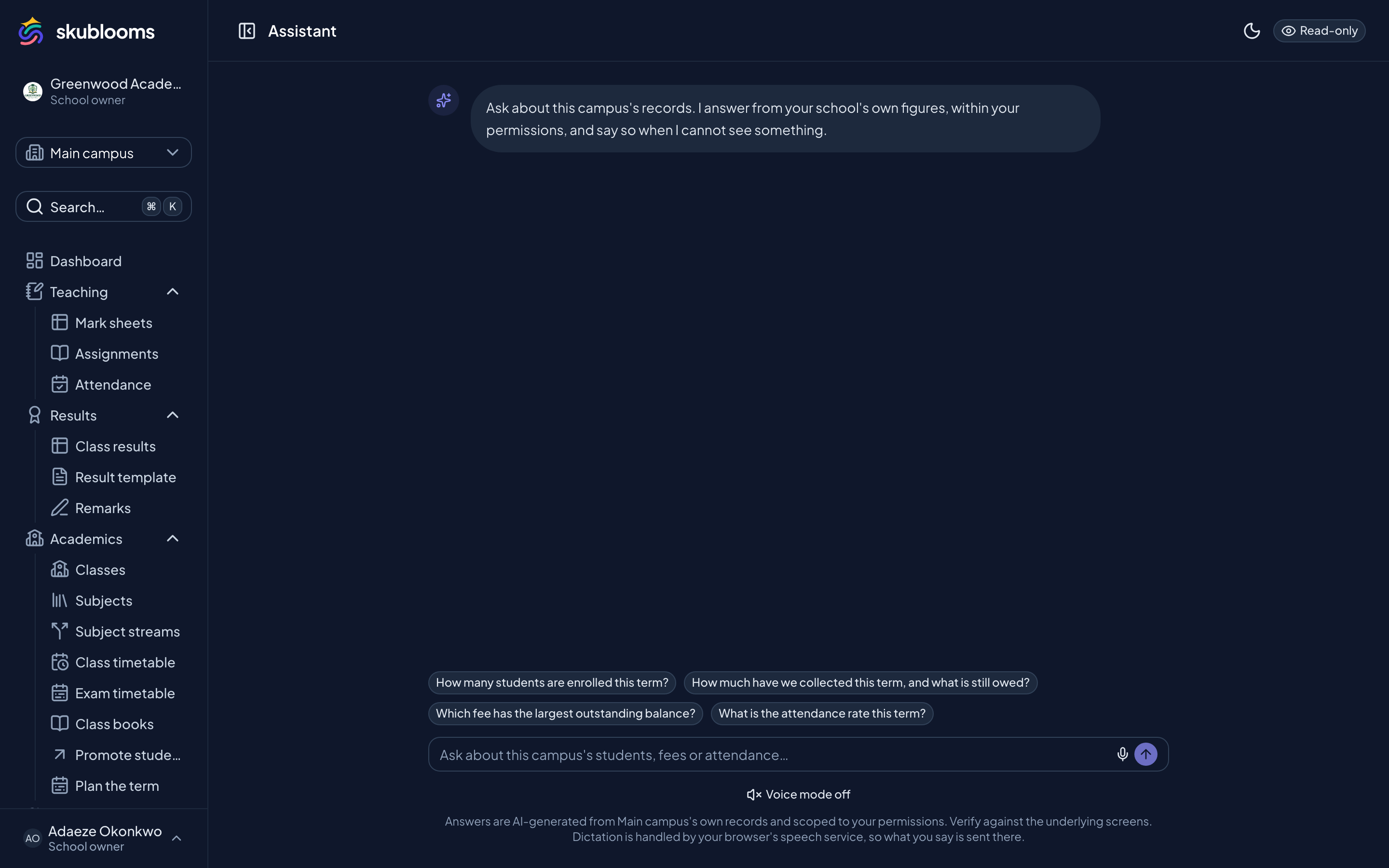 Skublooms AI assistant answering a question about a calculated average