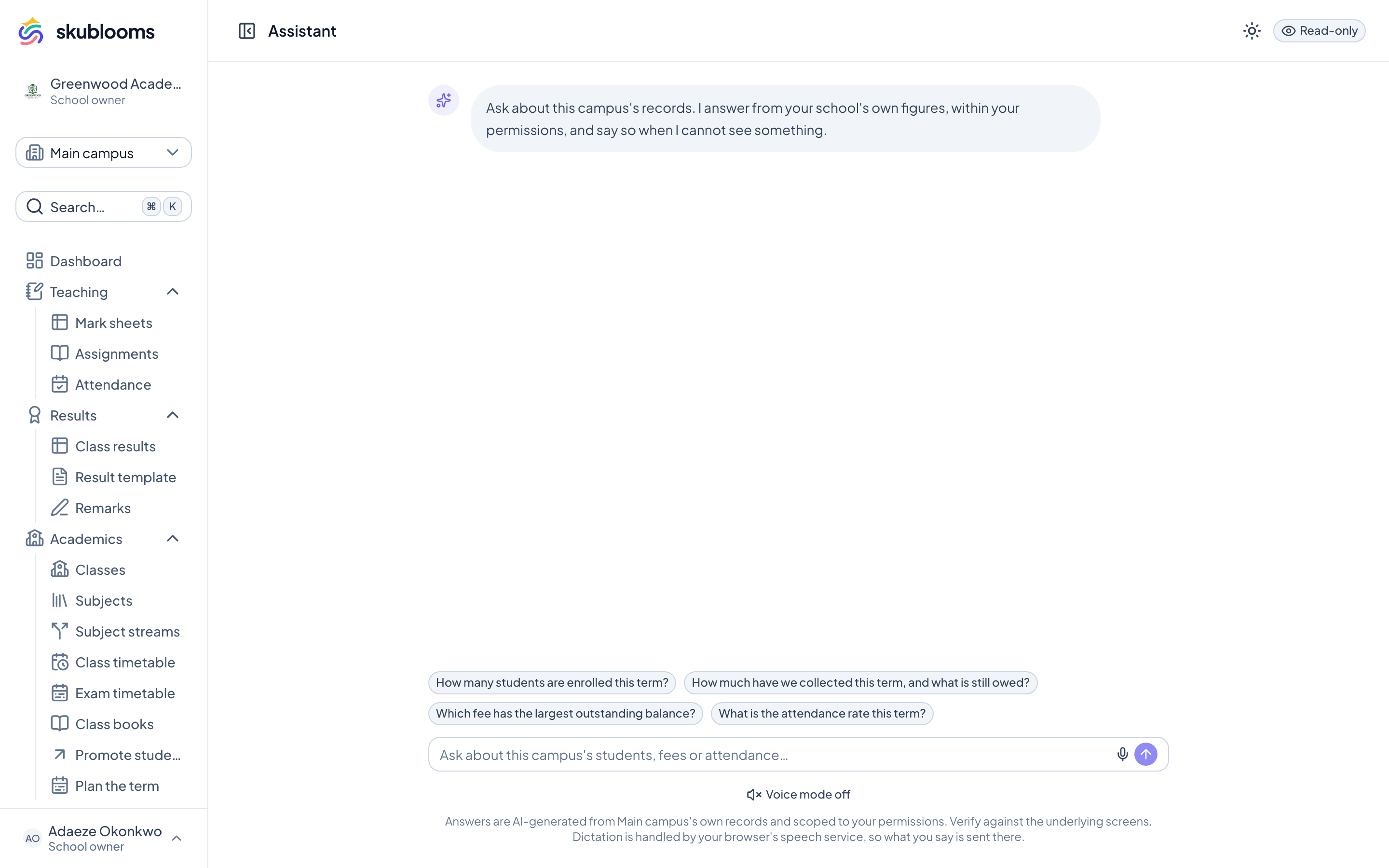 Skublooms AI assistant answering a question about a calculated average
