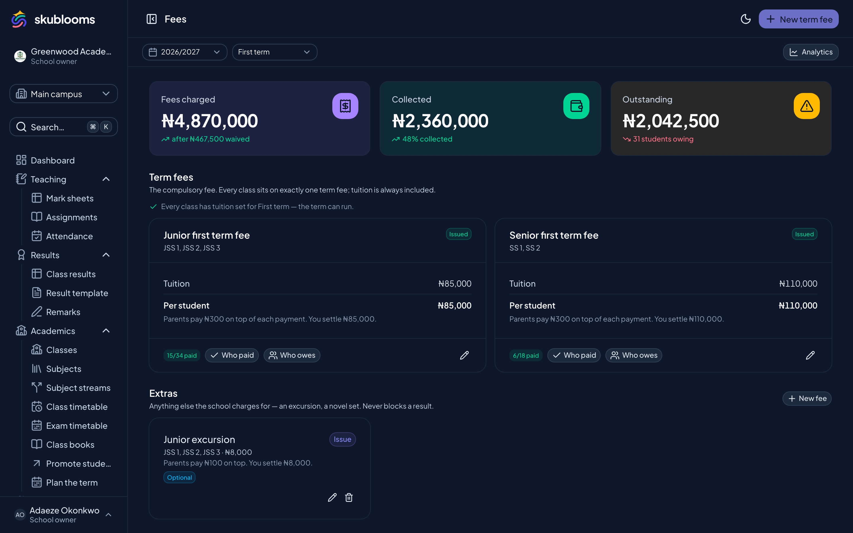 Skublooms fee management with a customizable fee catalogue