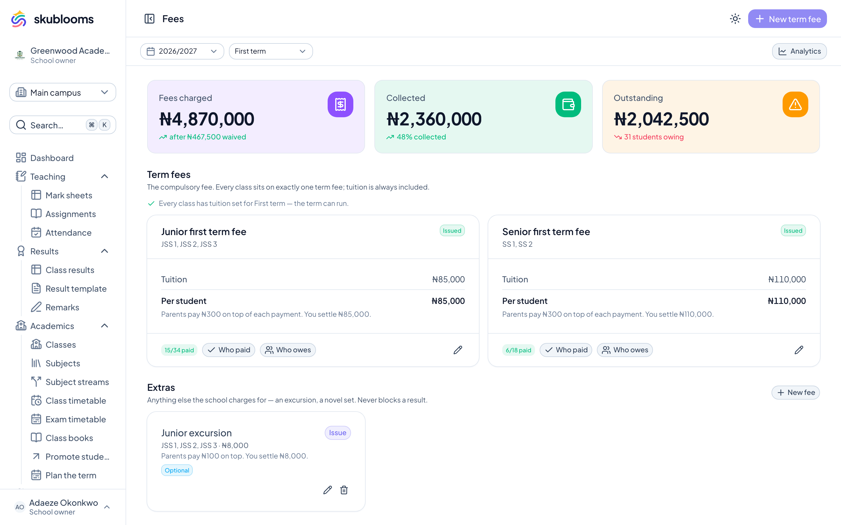 Skublooms fee management with a customizable fee catalogue