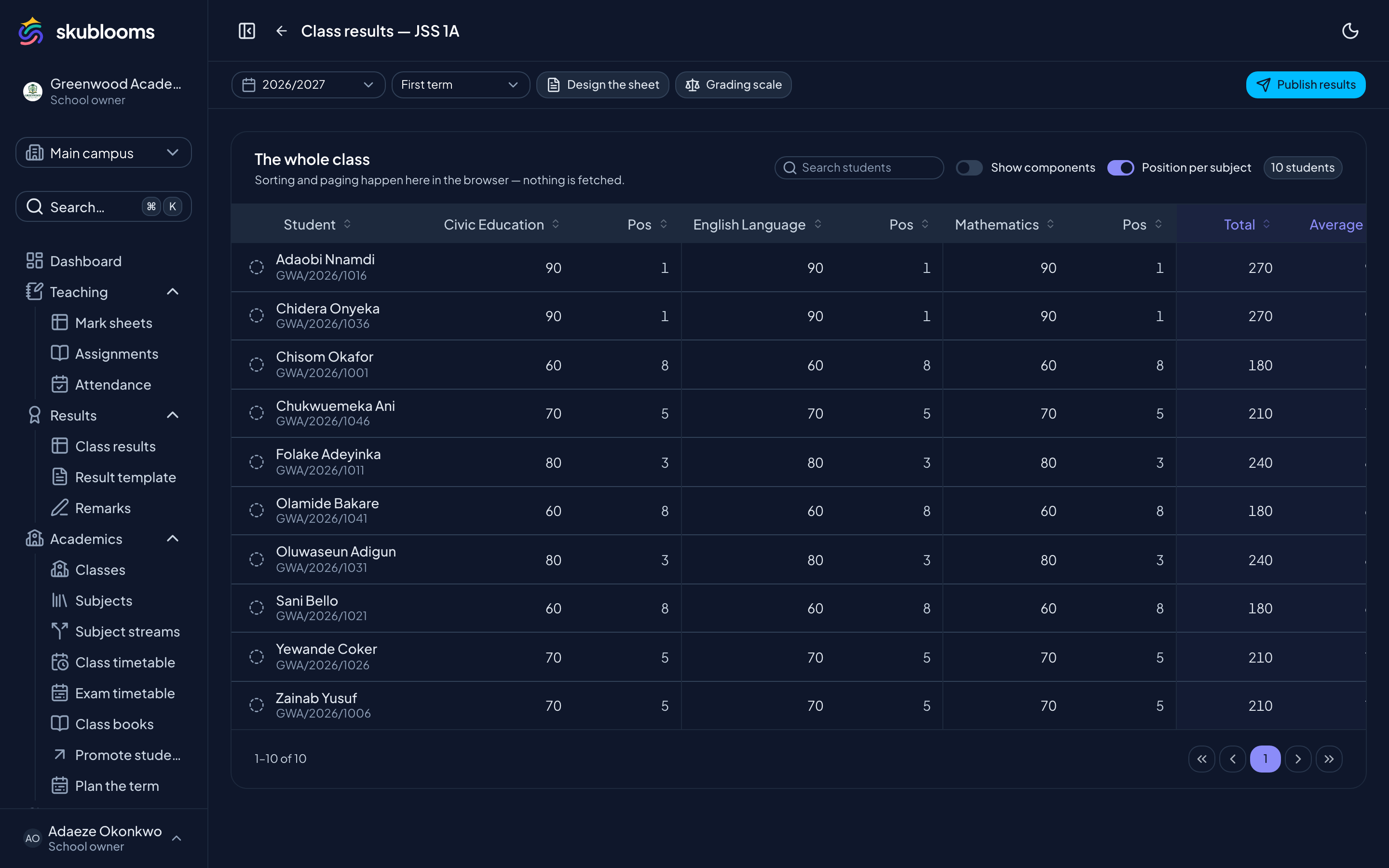 Skublooms gradesheet with calculated columns and locked dependencies