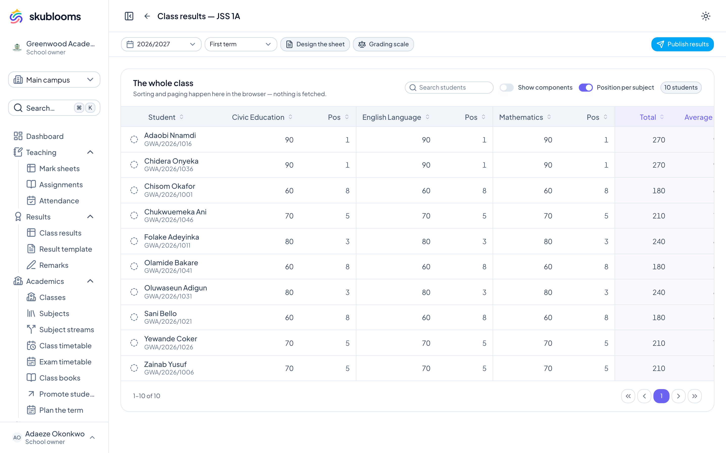 Skublooms gradesheet with calculated columns and locked dependencies