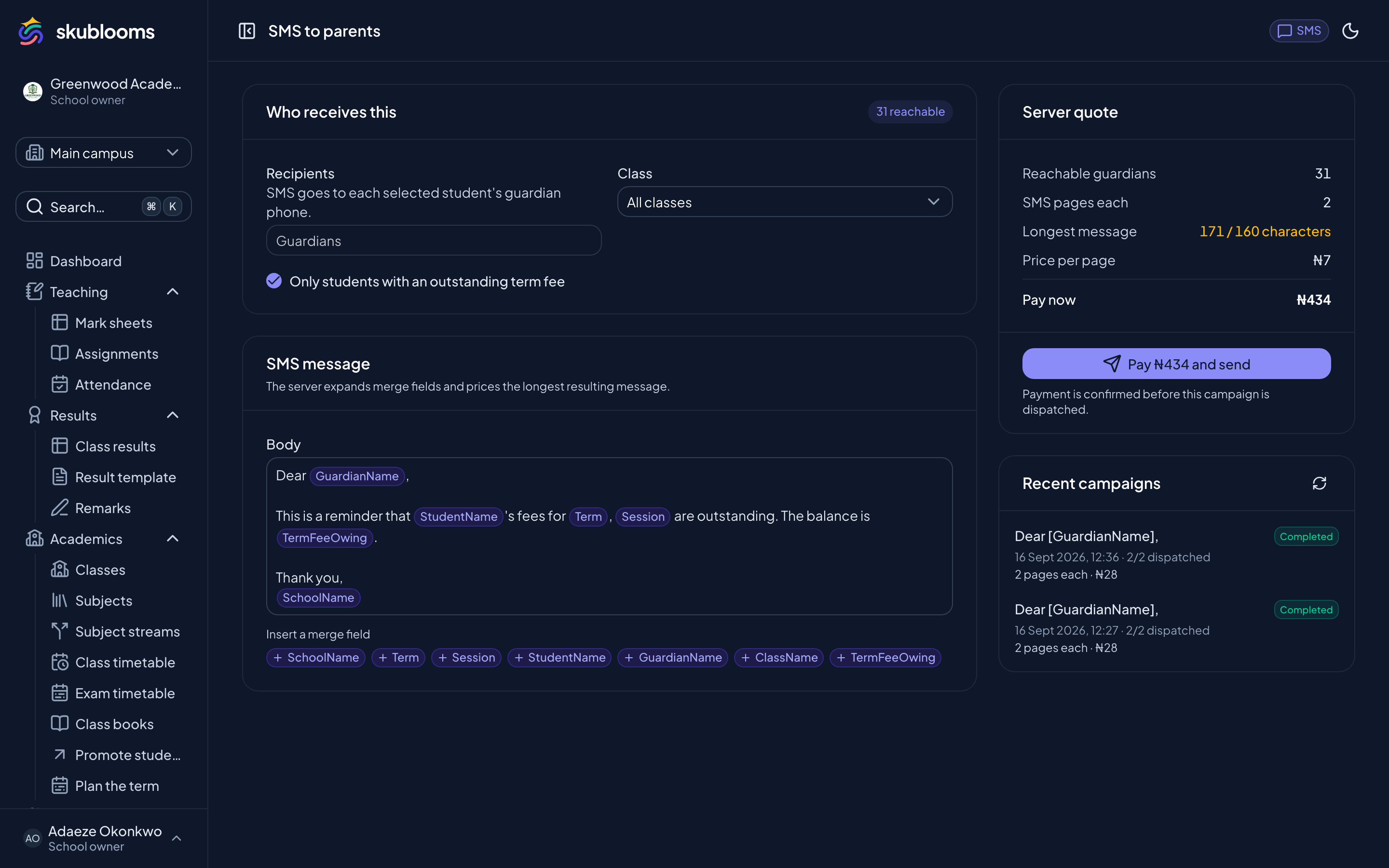 Skublooms message composer with audience filters and cost preview