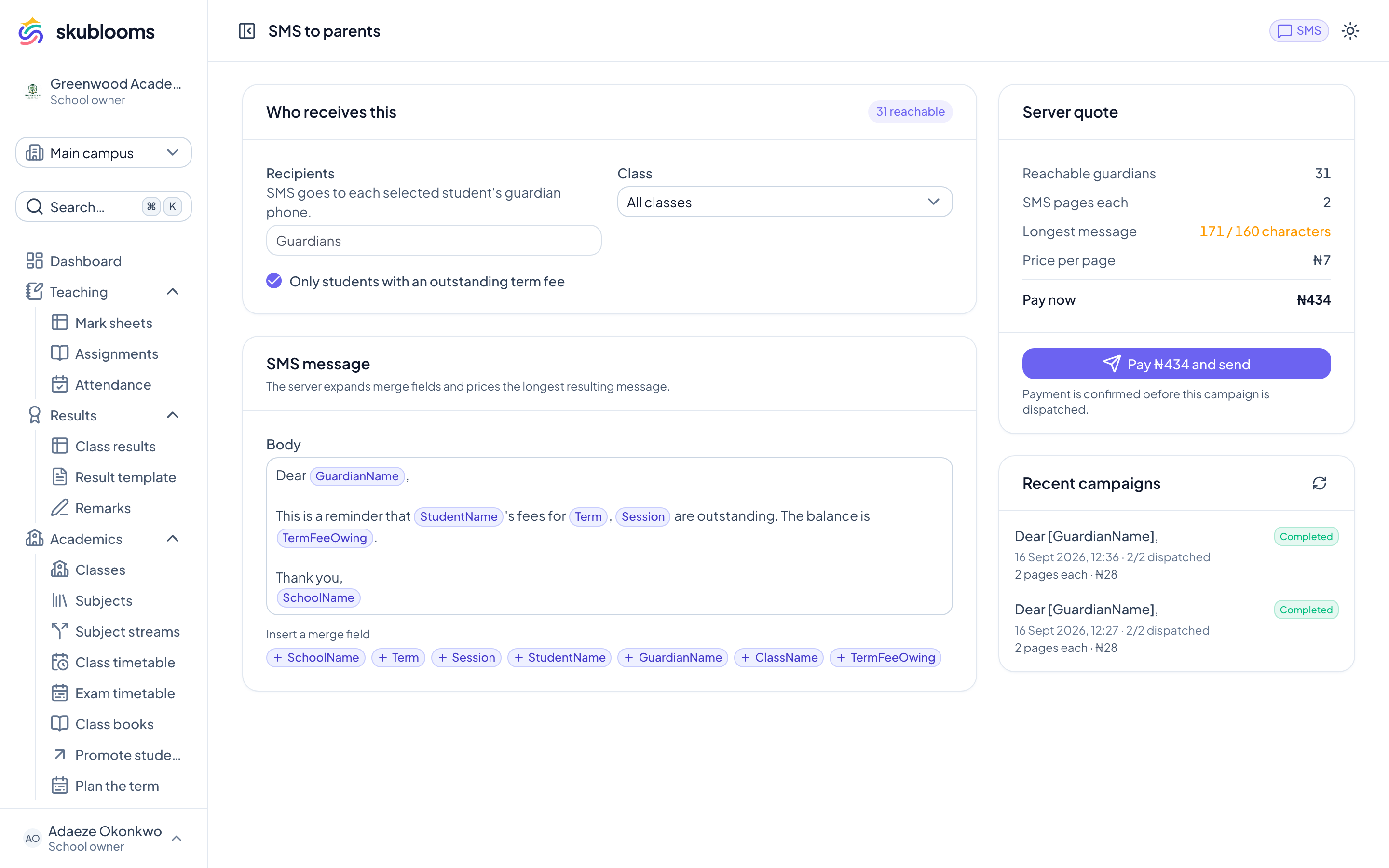 Skublooms message composer with audience filters and cost preview